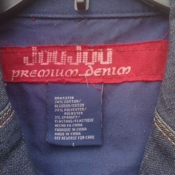 Joujou Womens Jean Jacket Blue Denim Double Breasted Collar Belted size Large - Picture 4 of 15